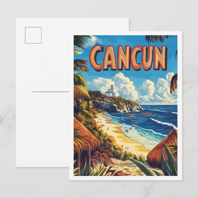 Cancun Mexico Vintage Illustration Travel Postcard (Front/Back)