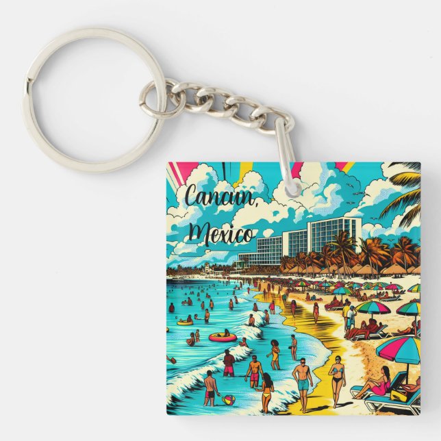 Cancun, Mexico with a Pop Art Vibe Keychain (Front)