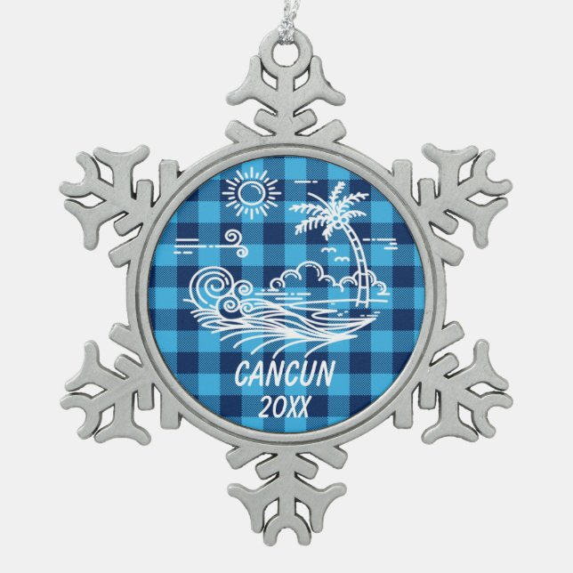 Cancun on Blue Buffalo Check Christmas Snowflake Pewter Christmas Ornament (Front)