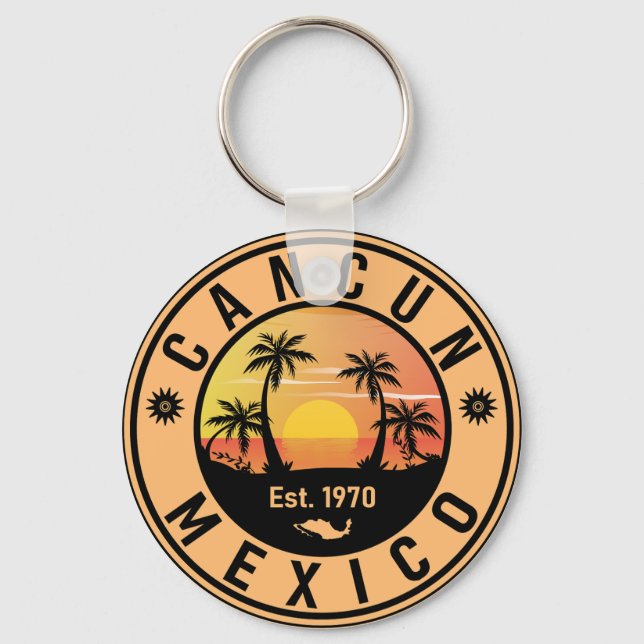 Cancun Palm Tree Retro 80s Mexican Playa Keychain (Front)
