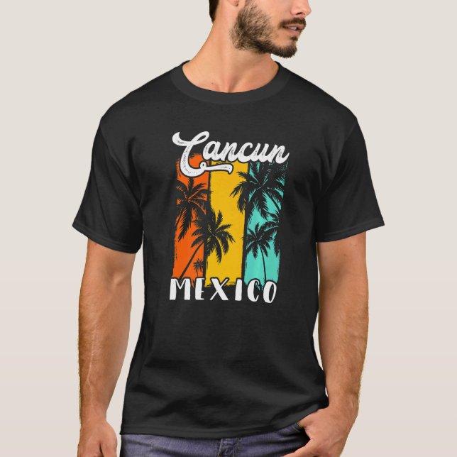 Cancun Palm Trees Beach Mexico Retro Vacation Fami T-Shirt (Front)