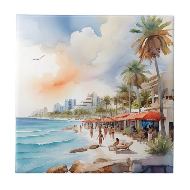 Cancun watercolor art ceramic tile (Front)