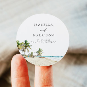CANCUN Watercolor Beach Palm Tree Destination Classic Round Sticker