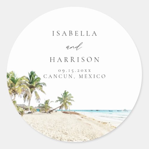 CANCUN Watercolor Beach Palm Tree Destination Classic Round Sticker