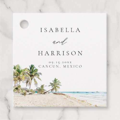 CANCUN Watercolor Beach Palm Tree Destination Favor Tags