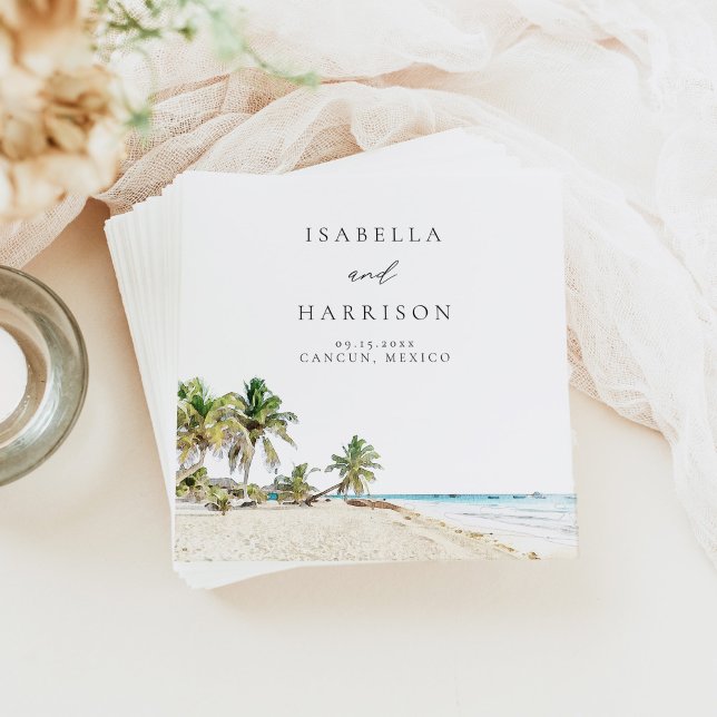 CANCUN Watercolor Beach Palm Tree Destination Napkins (Creator Uploaded)