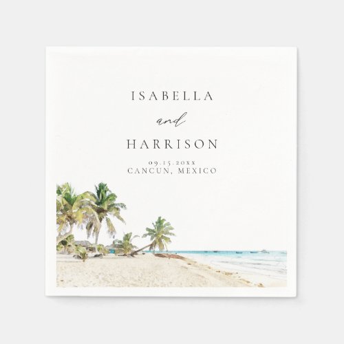 CANCUN Watercolor Beach Palm Tree Destination Napkins