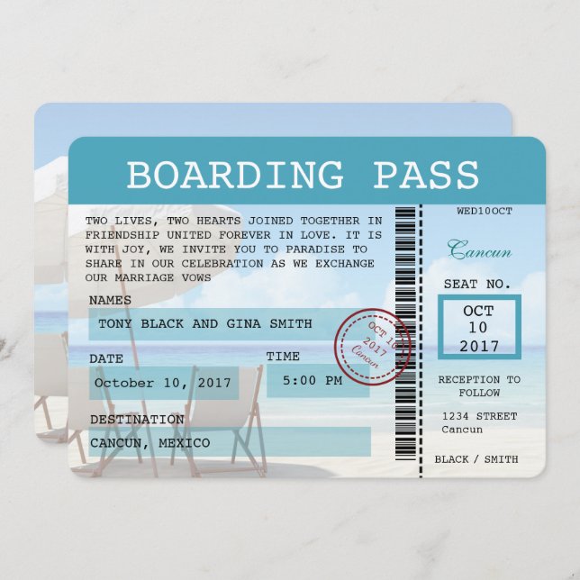 Cancun Wedding Boarding Pass Invitation (Front/Back)