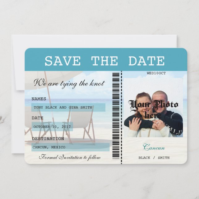 Cancun Wedding  Boarding Pass Save the Date (Front)