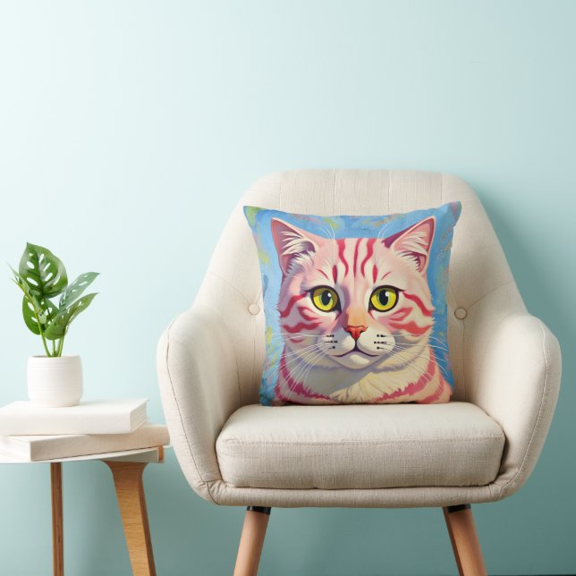 “Candice” A Cherry Striped Mystique – Cat Portrait Throw Pillow (Chair)