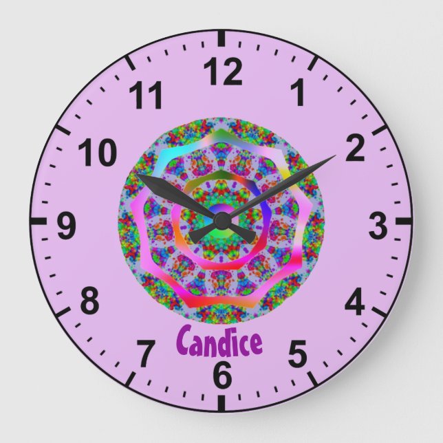 CANDICE ~ Rainbow Fractal Pattern ~ Personalized  Large Clock (Front)