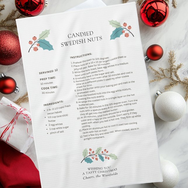 Candied Swedish Nuts Holiday Recipe Kitchen Towel (Wishing You a Tasty Christmas Candied Swedish Nuts Holiday Recipe Kitchen Towel)