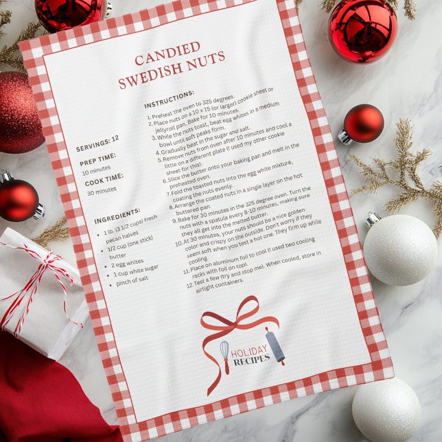 Candied Swedish Nuts Holiday Recipe Kitchen Towel (Candied Swedish Nuts Red Check Buffalo Plaid Holiday Recipe Kitchen Towel)