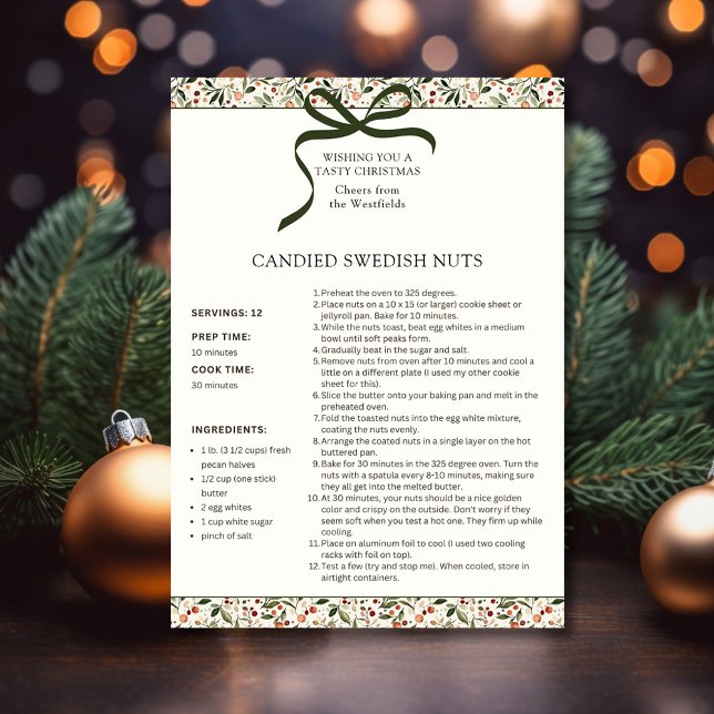 Candied Swedish Nuts Recipe Personalized Holiday Card (Festive Christmas Greenery Red Berries Candied Swedish Nuts Holiday Recipe Card)