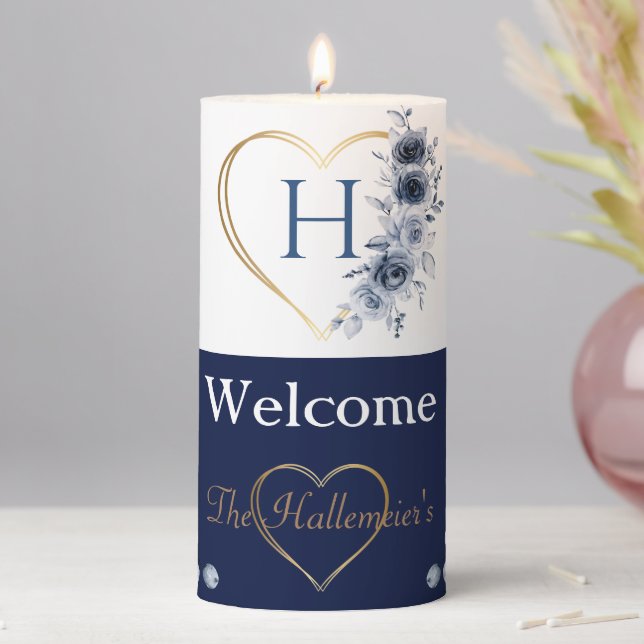 Candle 3" x 8" Gold Heart Blue/White Floral (In Situ)