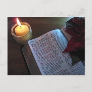 Candle, Bible, and Poinsetta Postcard