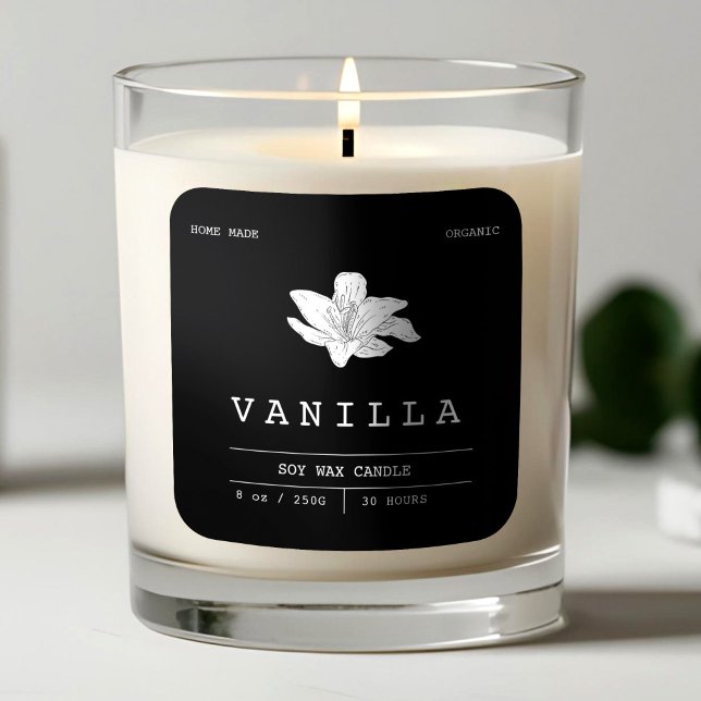 Candle Black & White Vanilla Elegant  Square Sticker (Candle Black & White Vanilla Elegant Square Sticker, Candle Label Design )