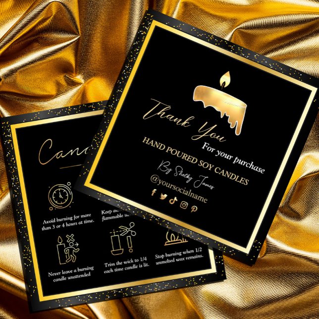 Candle Care Black Gold | Custom Logo Thank You Square Business Card (Candle Care Black Gold | Custom Logo Thank You #candlecarecard #zazzlemade #blackandgold)