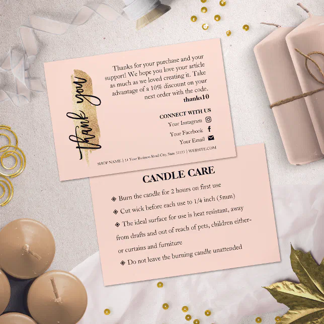 Candle Care Gold Glitter Chic Script Thank You Business Card | Zazzle