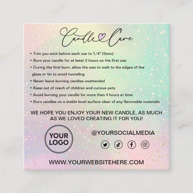 Candle Care Instructions Customer Thank You Pastel Square Business Card (Front)