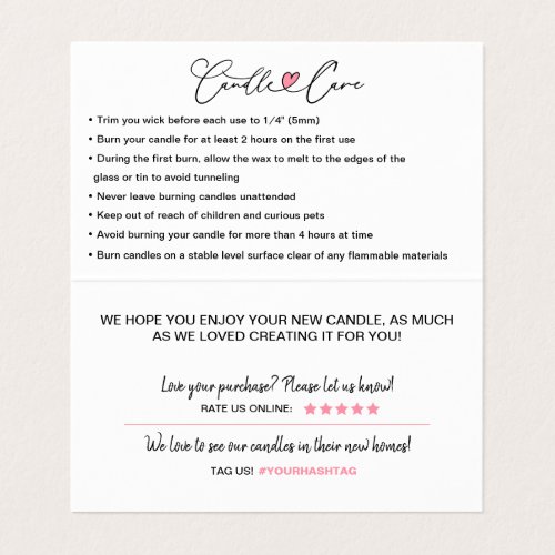 Candle Care Instructions  Thank You Folded Business Card