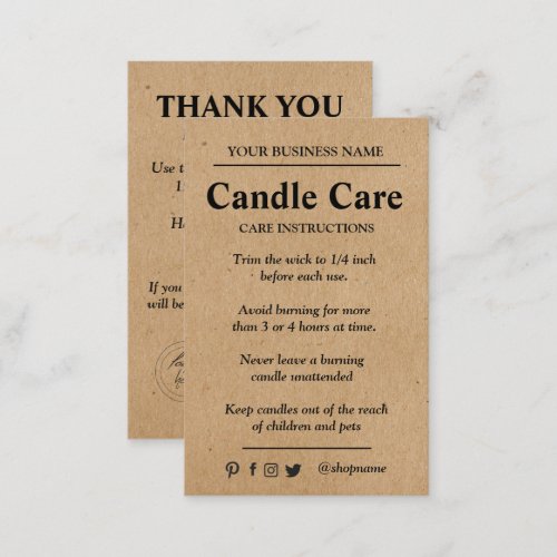 Candle Care Kraft Paper  Custom Logo Thank You  Business Card