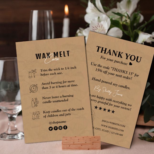 Candle Care Kraft Paper | Custom Logo Thank You  Business Card (Care Instructions Templates #instruction #WaxMeltSafetyBusinessCard)