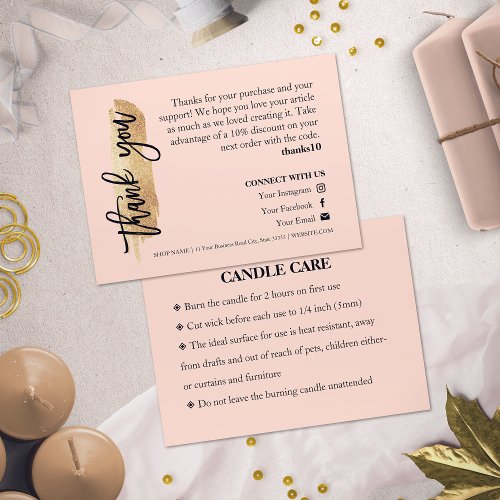 Candle Care Pink Gold Gliter Chic Script Thank You Business Card
