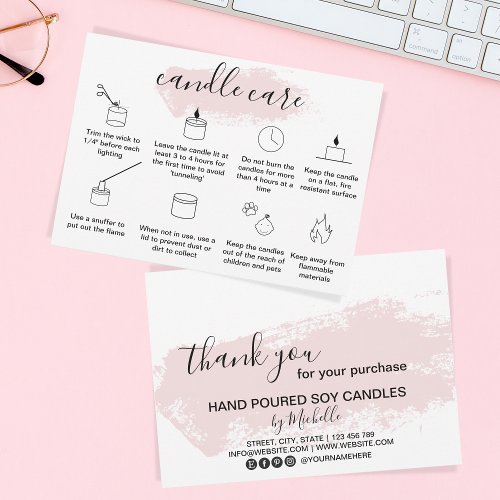 Candle Care Thank You Card Add Logo Blush Pink