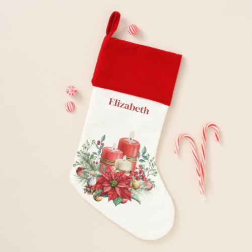 Candle Centerpiece with Poinsettia Flower Christmas Stocking