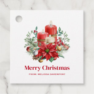 Candle Centerpiece with Poinsettia Flower Favor Tags