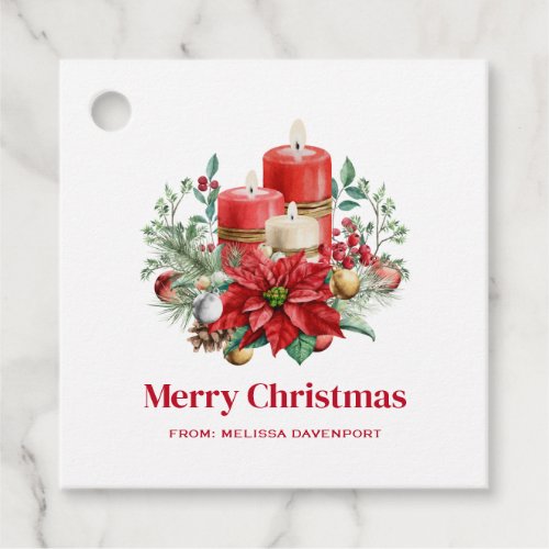 Candle Centerpiece with Poinsettia Flower Favor Tags