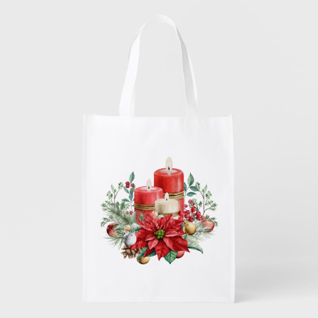 Candle Centerpiece with Poinsettia Flower Grocery Bag (Front)