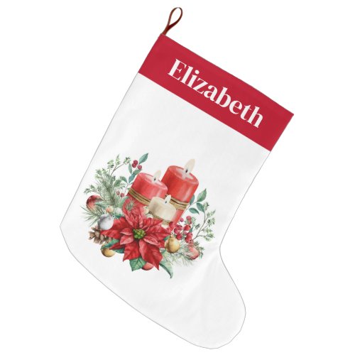 Candle Centerpiece with Poinsettia Flower Large Christmas Stocking