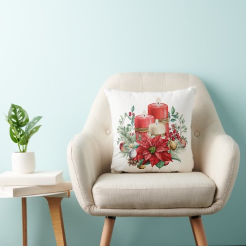 Candle Centerpiece with Poinsettia Flower Throw Pillow