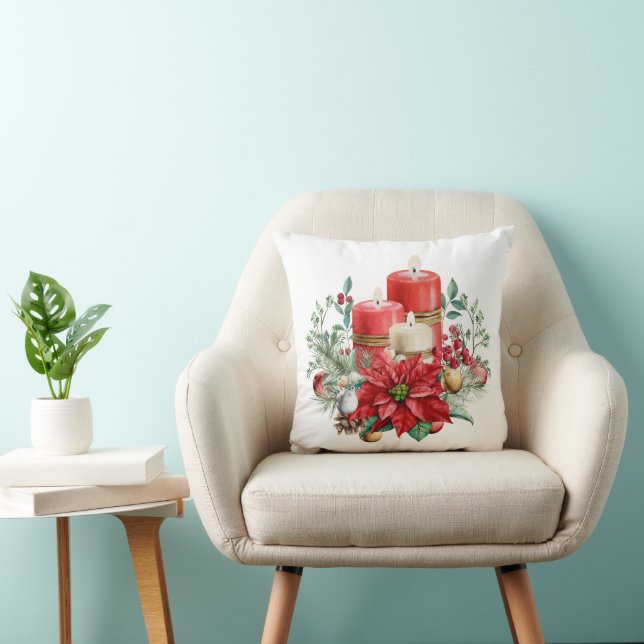 Candle Centerpiece with Poinsettia Flower Throw Pillow (Chair)