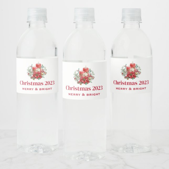 Candle Centerpiece with Poinsettia Flower Water Bottle Label (Bottles)