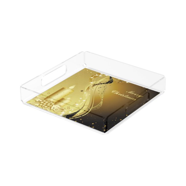 Candle Christmas Holly on Sparkling Background Acrylic Tray (Angled)