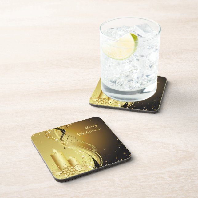 Candle Christmas Holly on Sparkling Background Beverage Coaster (Right Side)