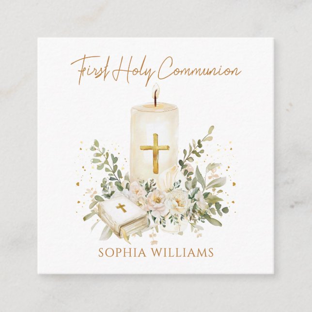Candle Cross Bible Greenery First Holy Communion  Enclosure Card (Front)