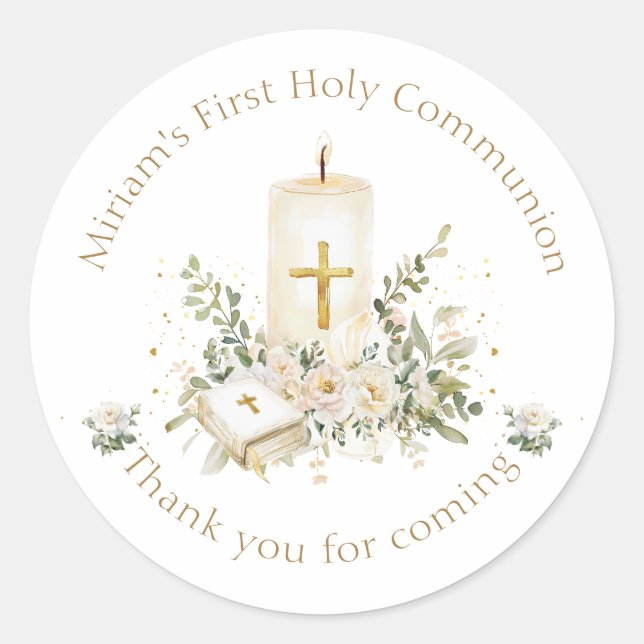 Candle Cross Bible Roses First Holy Communion Classic Round Sticker (Front)