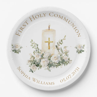 Candle Cross Flowers First Holy Communion Paper Plates