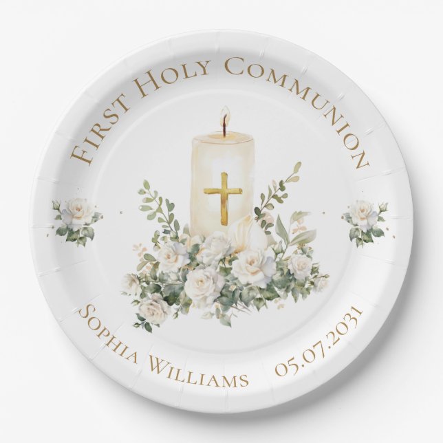 Candle Cross Flowers First Holy Communion  Paper Plates (Front)