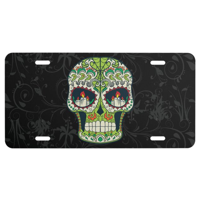 Candle Eyes Tattoo Mexican Sugar Skull License Plate (Front)
