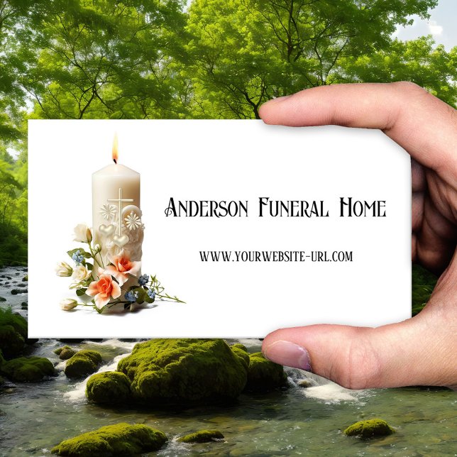 Candle Floral Funeral Services  Business Card (Business card featuring a candle, flowers, cross with hearts - funeral home - cremation - undertaker)