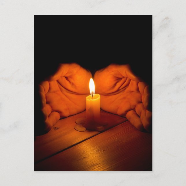 Candle, hands, flame, wood. postcard (Front)