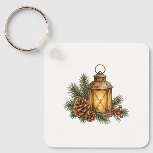 Candle Lantern and Pine Branches Keychain (Front)