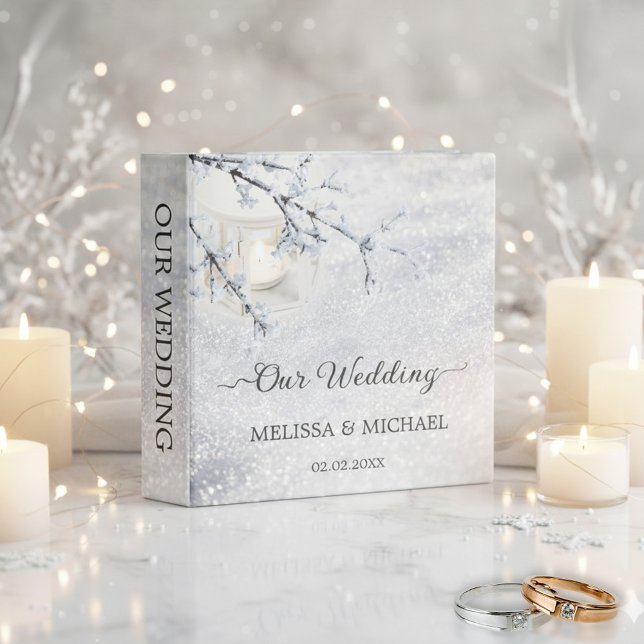 Candle Lantern Snow Photo Winter Wedding Binder (Wedding binder featuring a candle lit lantern in sparkling snow and your custom photo)