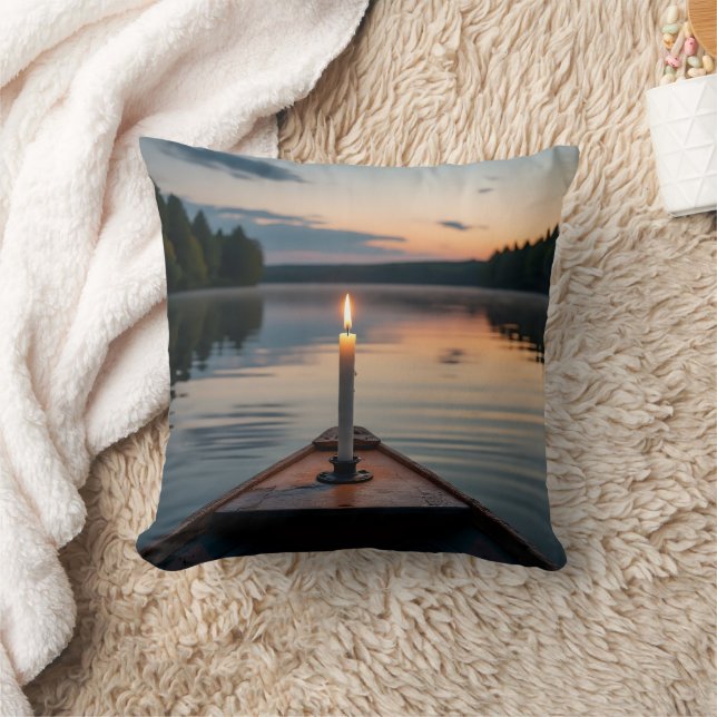 Candle Light on Boat at Sunset Lake Throw Pillow (Blanket)