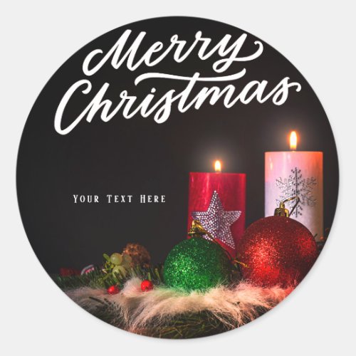 Candle lights and ornaments Merry Christmas Cards Classic Round Sticker